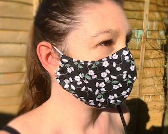 Mascarilla facial 100% Algodón triple capa Lavable con filtro de bolsillo y alambre nasal (Flores negras)