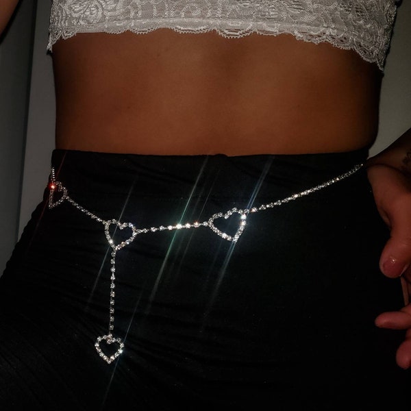 Silver Rhinestone Waist Chain With Hearts | Crushing On U