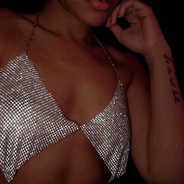 Rhinestone Bralette Top Sparkly Y2K Fashion Rave Outfit Birthday Top Women's Shirts Gift For Her Wedding Lingerie | Soirée (Silver)