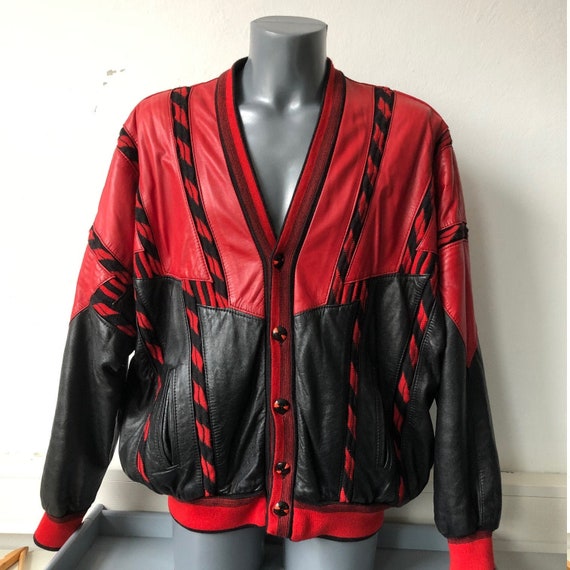 Leather Jacket Vintage Buttons Red Black L / XL Re