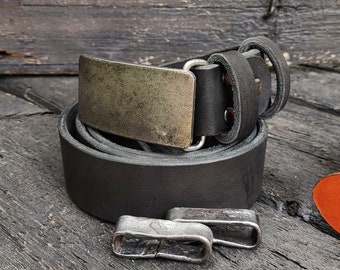 Leather buckle with leather strap, Flat Iron Belt Buckle, Forged Buckle