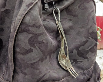 Forged camping spork. Steel spoon and fork. Keychain spoon and fork