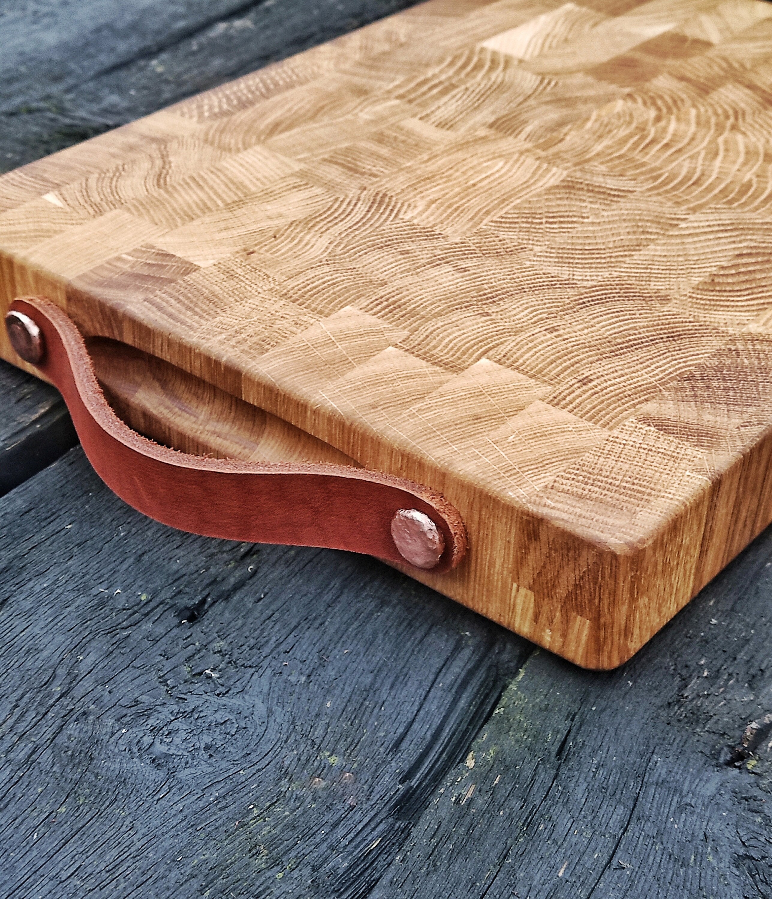 Board With 2 Leather Handles, Cutting Board, Solid Oak Chopping