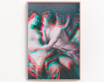 以下が含まれることがあります： 3Dアナグリフ効果のある古典絵画をあしらった、額装されたアートプリント。赤、青、緑の色合いで描かれた人物が、多層的な視覚体験を生み出しています。フレームは暖かくニュートラルな色調です。