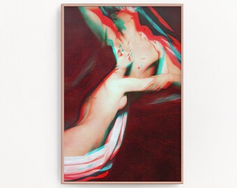 以下が含まれることがあります： 動きのある裸体を描いた3Dアナグリフ効果の額装アートワーク。画像は赤とティールの配色で、濃い赤色の背景と金色のフレームが特徴です。人物は部分的に白い布で覆われています。