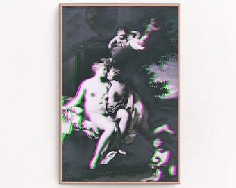 以下が含まれることがあります： 3Dアナグリフ効果のある古典的な絵画が特徴の、額装されたアートプリント。ロマンチックな抱擁をする人物、背景にはケルビムと葉が描かれています。カラースキームは、グレー、グリーン、ピンクの色合いを含んでいます。