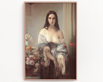 Glitch Art, Altered Female Portrait Painting Downloadable Prints, Vintage Portrait of a Woman Modern Art Print Printable Artwork Floral Art