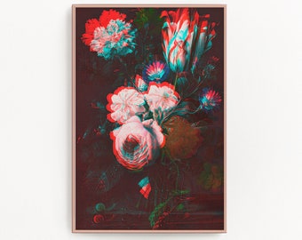 May include: A rectangular framed wall art piece featuring a floral arrangement with a glitch effect. The bouquet includes roses and tulips in deep red, dark green, and cyan tones, creating a layered, chromatic aberration visual style.