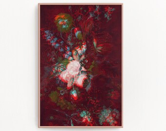 May include: A framed floral print with a deep red backdrop. The artwork showcases white and pink flowers with green and blue highlights. The print has a vintage style and is set in a slim, gold-toned frame.