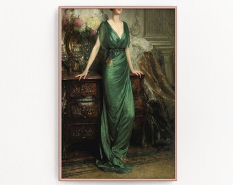 Emerald Gown Portrait Art Printable, Altered Antique Oil Painting (Digital Download)