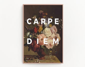 May include: A framed art print featuring a still life of colorful flowers in a dark vase. The words "CARPE DIEM" are printed in large white letters over the floral arrangement. The frame is a light rose gold color.