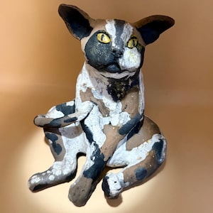 Tri-color raku sitting cat ceramic sculpture