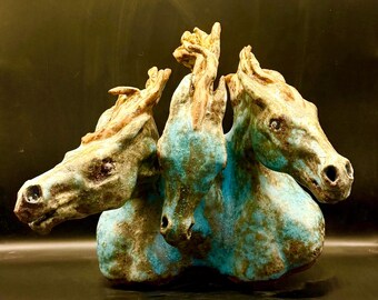 Turquoise and gold three fierce running horse heads ceramic horse sculpture wall hanging