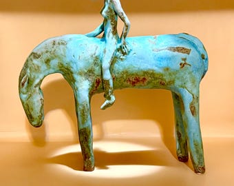 Blue Grief Ceramic Horse Sculpture with Woman Rider