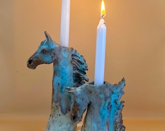 2 Turquoise and Gold Ceramic Horse Candle Holders