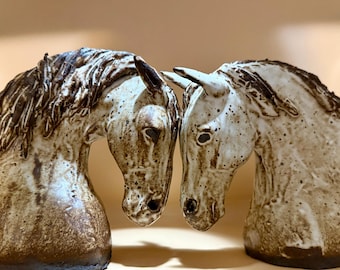Horse Friends: Two Facing Ceramic Horse Heads Sculpture Noses Touching