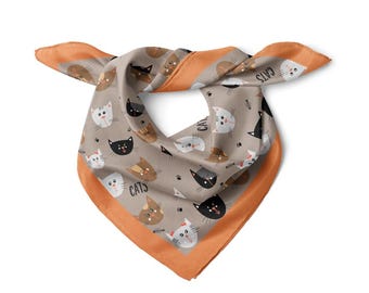 Cats Pattern Satin Bandana Scarf | Brown