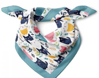 Cat Pattern Satin Bandana Scarf | Blue