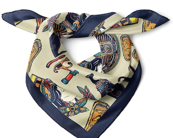 Egypt Theme Satin Bandana Scarf |Navy Blue