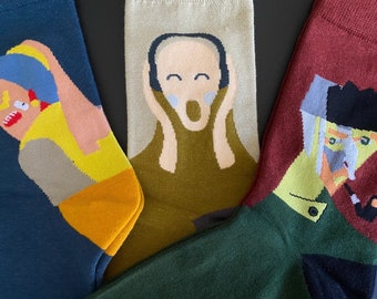 Art Socks Set, Edvard Munch Scream, Pearl Girl, Cotton Blend, Gift for Men & Women