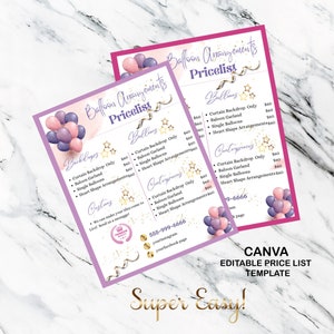 Balloons Price List Template, Party Planner, , Canva Editable,  Editable Super Easy, Printable Price Sheet, Web Price List