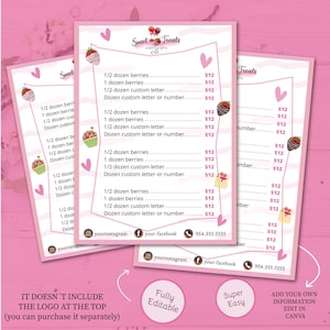 LISTE DE PRIX Fraise Modèle modifiable, Flyer de friandises sucrées, Toile modifiable, Chocolat aux fraises, Liste de prix de boulangerie, Liste imprimable