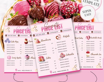 Sweet Treats PRICE LIST Template, Editable Super Easy,Heart Breakable, Cakes, Cupcakes, Pretzels Price List, Printable Sheet, Web Price tza
