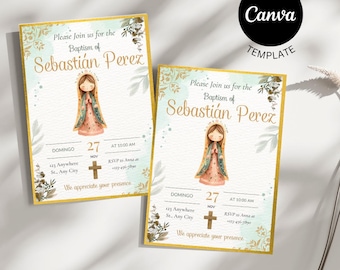 Floral Virgin of Guadalupe Baptism Invitation – Editable Canva Template (Digital Download)