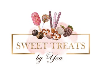 Sweet Treats Logo Design, Strawberry Chocolate, Cakesicle and Popsicle Logo, Custom Logo Design, Cookies and Oreos Logo Watercolor