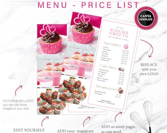 Sweets PRICE LIST Template, Canva Editable Super Easy, Cupcakes, Heart Breakable, Cakes, Cupcakes, Pretzels Price List, Printable Sheet