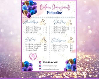 Balloons Party Price List Canva Template,  Party Planner, Editable Super Easy, Printable Price Sheet, Web Price List, Customizable