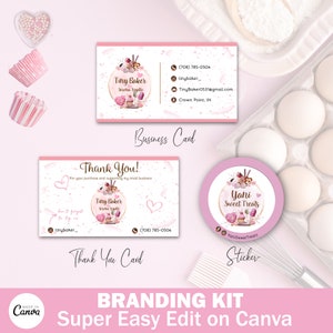 Kit de marque Sweets Bakery, comprend une carte de visite, une carte de remerciement et un modèle d'autocollants, modifiable sur toile, personnalisez votre propre design