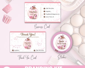 Sweets Bakery Branding Kit, enthält Visitenkarte, Dankeskarte und Aufklebervorlage, Canva bearbeitbar, passen Sie Ihr eigenes Design an