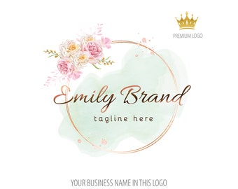 Boutique Logo Design, Floral Watercolor Logo, Jewelry Logo Design, Crafts Wedding Mint and Pink Flower Watercolor Logo