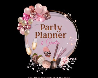 Partyplaner Logo, Luftballons Logo Design, Individuelles Logo, Schokoladenkuchen tropfendes Logo, Erdbeere getauchte Schokolade Oreos, Eis am Stiel Logo