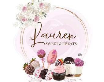 Sweet Treats Logo Design, Dessert Shots, Watercolor Style,  Cupcakes and Popsicle, Chocolate Strawberry Logo. High Qaulity Files. No Clipart