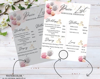 Editable Price List Template, Party Planner, Balloons (Digital Download)