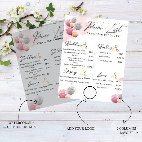 PRICE LIST Template, Party Planner, Balloons Price List, Editable Super Easy, Printable Price Sheet, Web Price List, Customizable