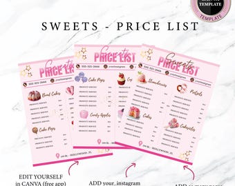 Sweet Treats PRICE LIST Template, Editable Super Easy,Heart Breakable, Cakes, Cupcakes, Pretzels Price List, Printable Sheet, Web Price tza