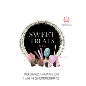 Logo-ontwerp zoete lekkernijen, pretzels, snoepappel, logo aardbei-chocolade, gedompelde oreo's, Cakesicle-logo, logo zilver glitter