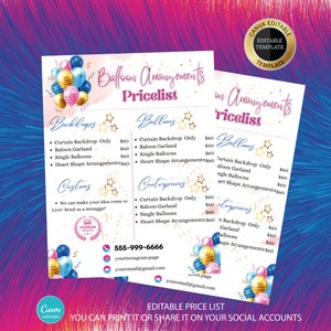 PRICE LIST Template, Balloons Price List, Party Planner, Editable Super Easy, Printable Price Sheet, Web Price List, Customizable