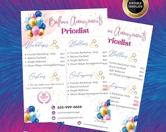 PRICE LIST Template, Balloons Price List, Party Planner, Editable Super Easy, Printable Price Sheet, Web Price List, Customizable
