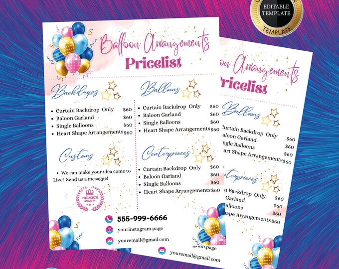 PRICE LIST Template Balloons Price List Party Planner - Etsy