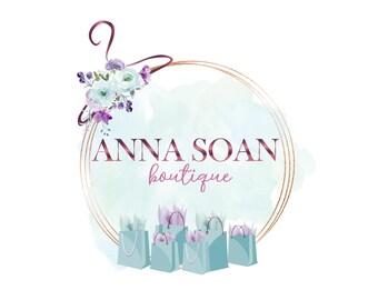 Boutique Logo Design, Clothing Shop Online Shopping Bags Logo,  Turquoise Logo, Hanger Flower Watercolor Logo, Clothing Logo, Custom Logo