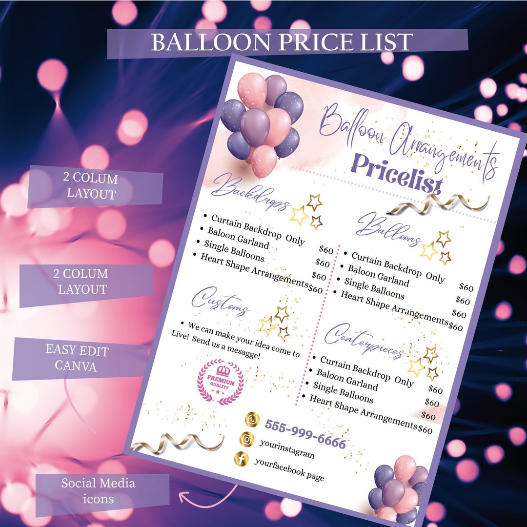 PRICE LIST Template, Balloons Price List, Party Planner, Editable Super PRICE LIST Template, Balloons Price List, Party Planner, Editable Super