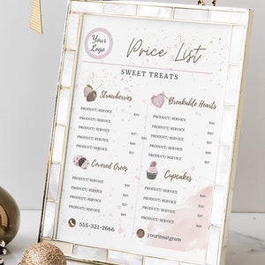 Süßwaren Preisliste Vorlage, Bäckerei Canva Template, Super einfach, Heart Breakable, Kuchen, Cupcakes, Bretzles, Printable Sheet, Web Preisliste