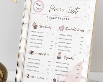 Süßwaren Preisliste Vorlage, Bäckerei Canva Template, Super einfach, Heart Breakable, Kuchen, Cupcakes, Bretzles, Printable Sheet, Web Preisliste