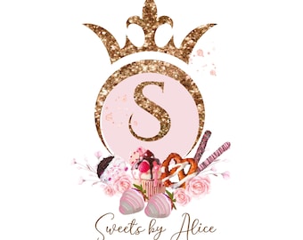 Sweet Treats Logo Design, Initials Crown Logo, Cupcake Logo, Strawberry Chocolate Logo,  Pretzel Rods Logo. I can make extra customizations.
