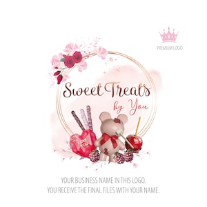 Sweet Treats Logo-Design, zerbrechliches Herz-Logo, zerbrechliches Bären-Logo, Erdbeer-getauchte Schokolade, Brezel-Stäbchen-Logo, Cupcake-Logo