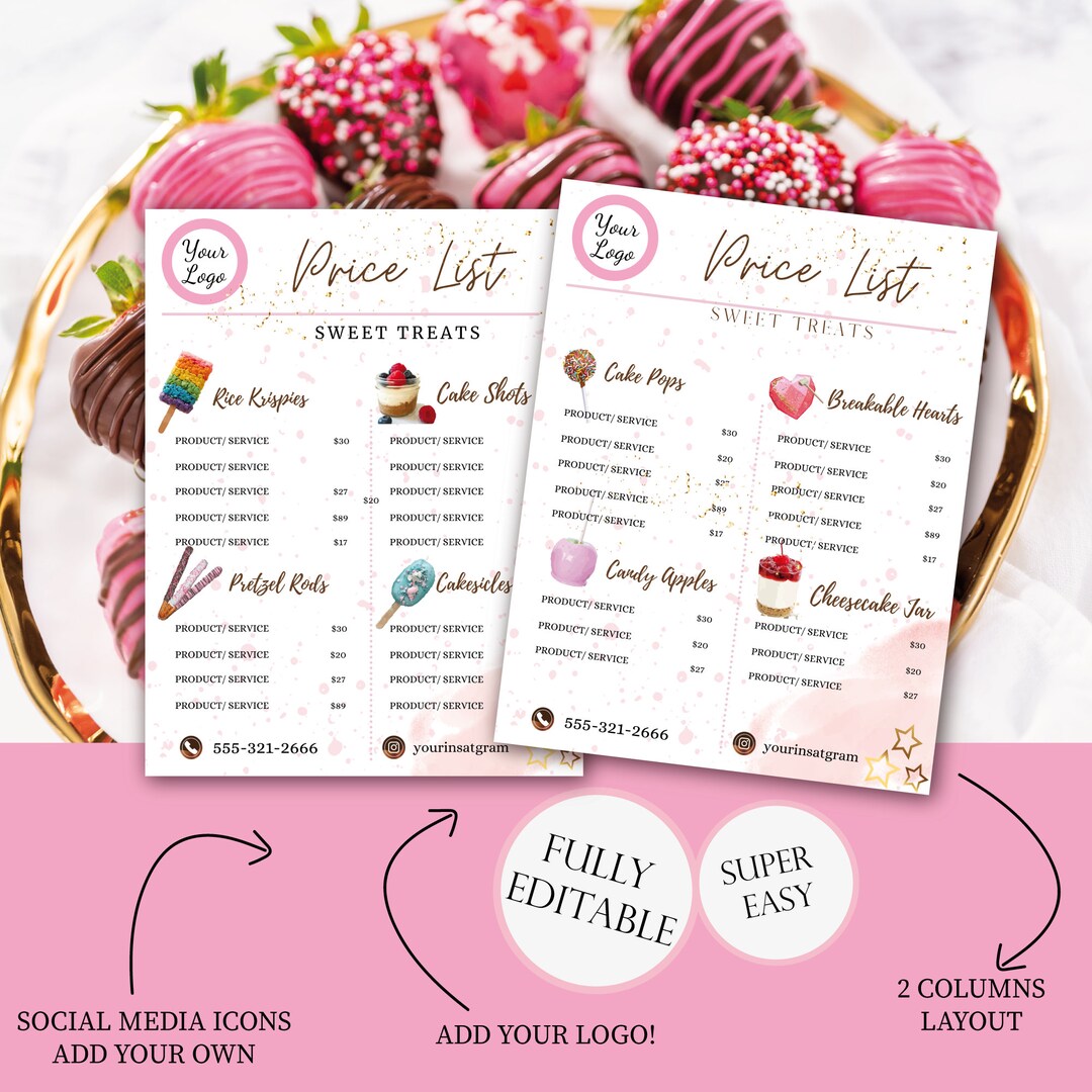 Sweet Treats PRICE LIST Template, Editable Super Easy,heart Breakable